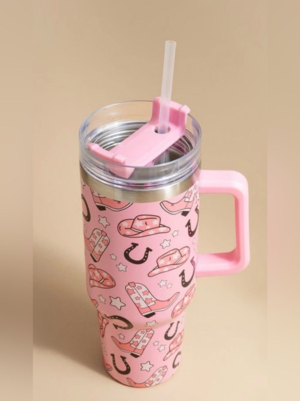 Francesca's Collections Pink Western Motif Travel Tumbler with Handle